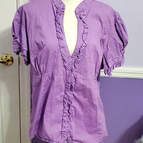Vintage Retro Lavander Ruffled Neck Button Down Top - Picture 1 of 9